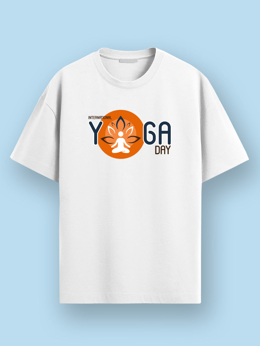 Yoga Day Printed - White Yoga Round Neck T-shirt