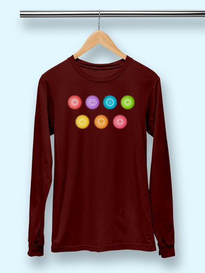 Yoga Chakras- Maroon Round Neck, Full Sleeves Unisex Yoga T-shirt