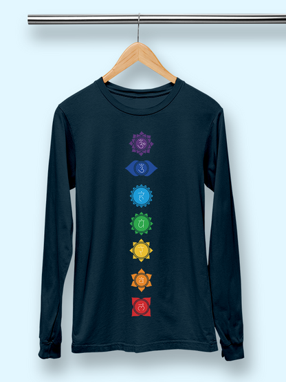 Yoga Chakras Vertical- Navy Blue Yoga Unisex Full Sleeves T-shirt