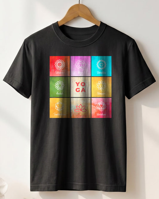 Yoga Chakras Boxes- Black Round Neck Yoga T-shirt