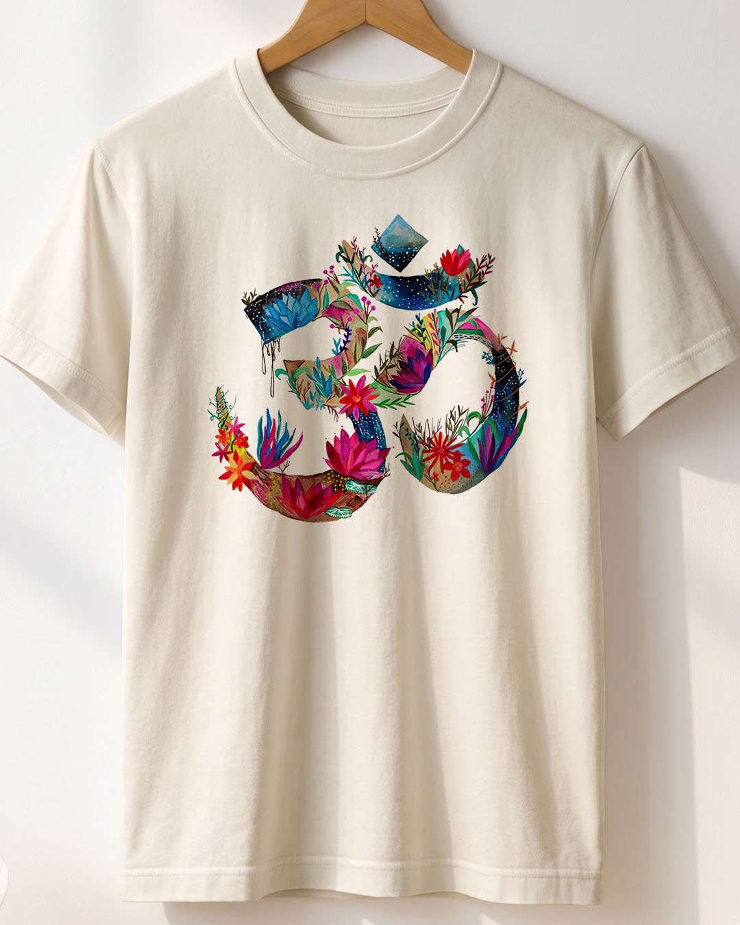 Om Symbol Flowers- White Round Neck Yoga T-shirt