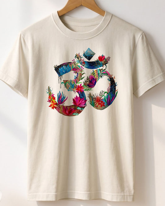 Om Symbol Flowers- White Round Neck Yoga T-shirt