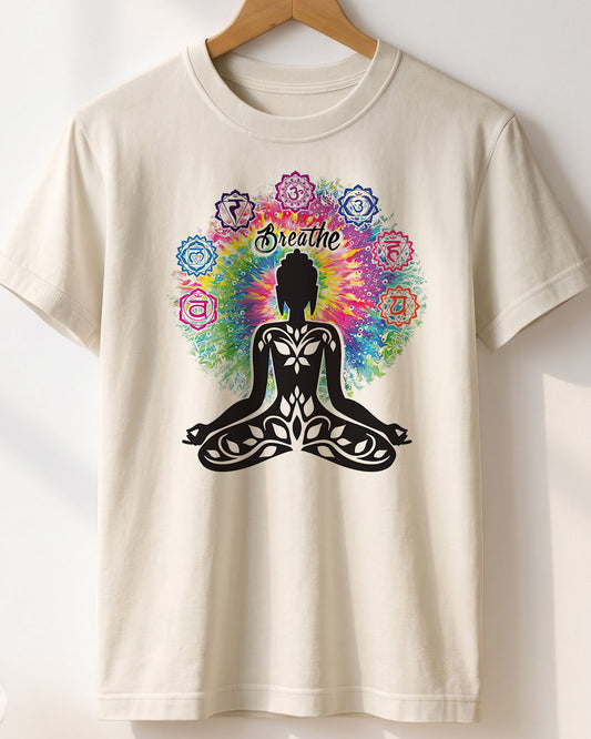 Breathe Meditation- White Round Neck Yoga T-shirt