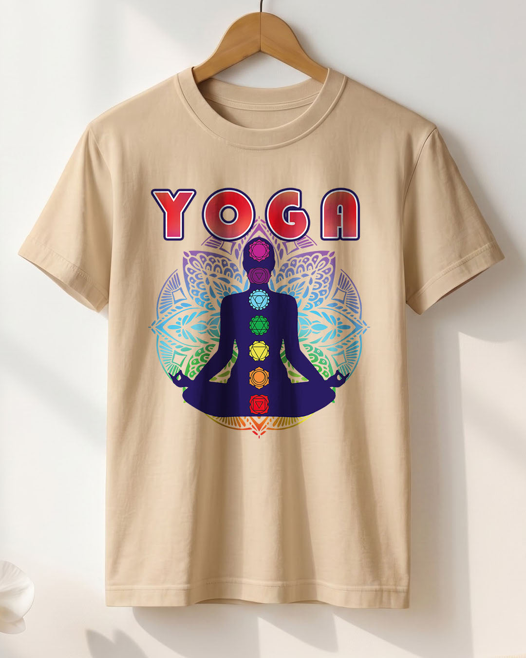 Yoga Chakras Mandala- Beige Round Neck Yoga T-shirt