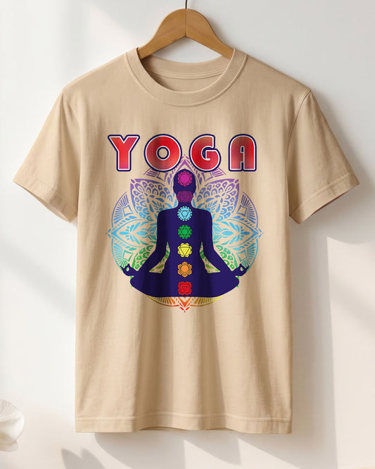 Yoga Chakras Mandala- Beige Round Neck Yoga T-shirt