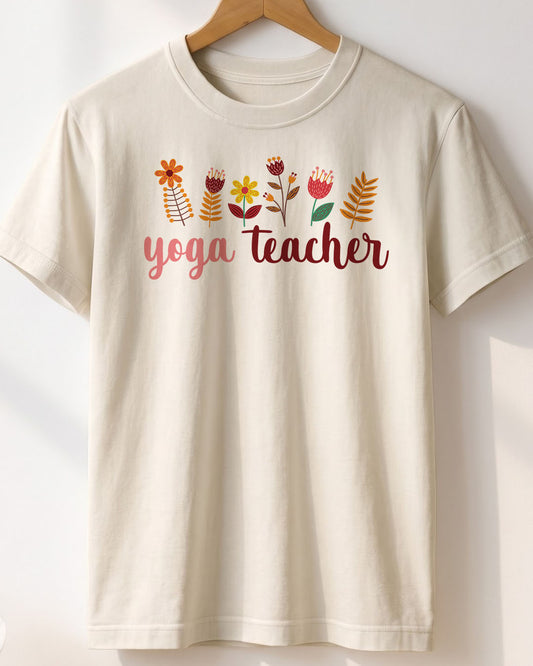 Yoga Teacher Floral- White Round Neck Yoga T-shirt