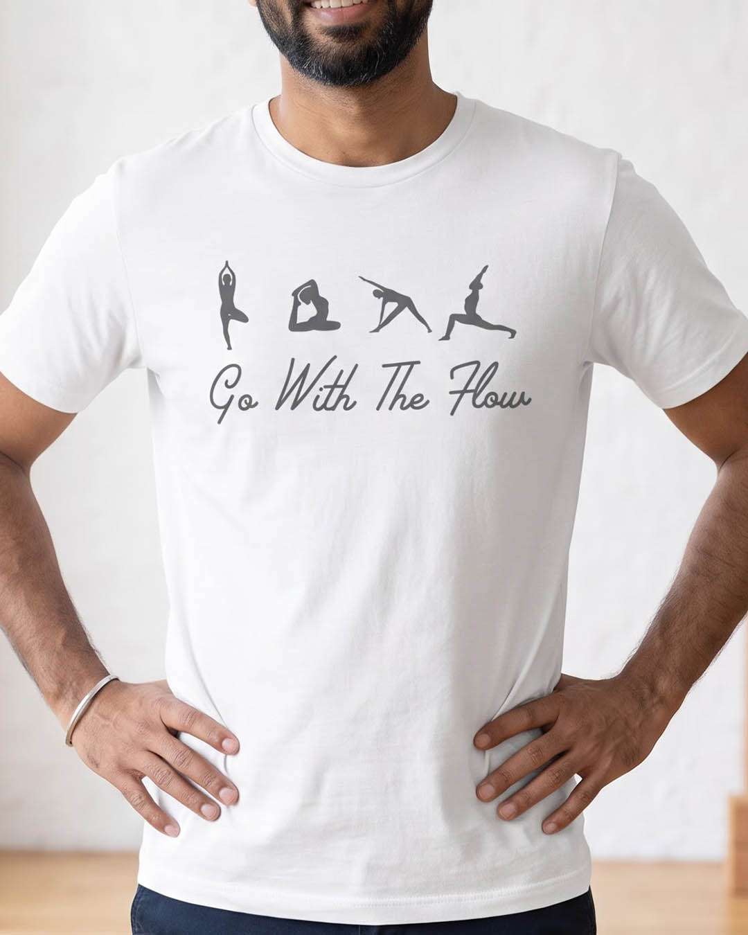 Go With The Flow - White Yoga Round Neck T-shirt