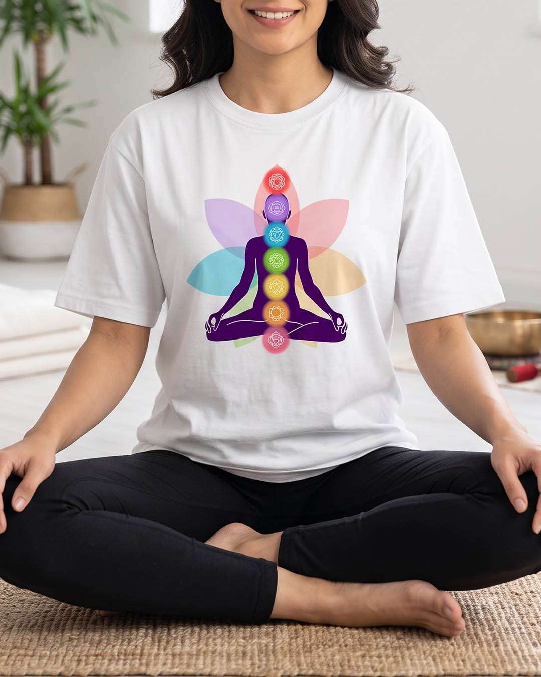 Yoga Chakras- White Round Neck Yoga T-shirt