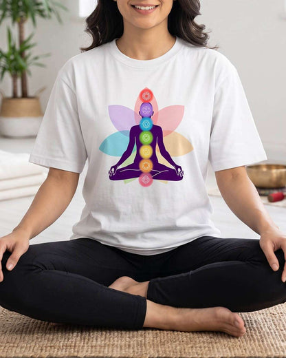 Yoga Chakras- White Round Neck Yoga T-shirt