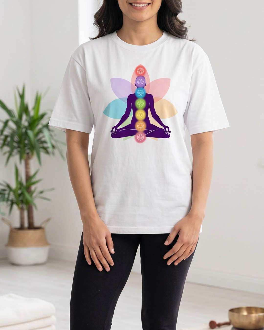 Yoga Chakras- White Round Neck Yoga T-shirt