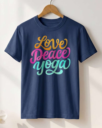 Love Peace Yoga- Navy Blue Round Neck Yoga T-shirt