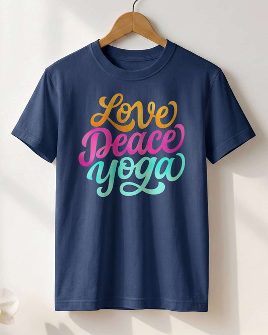 Love Peace Yoga- Navy Blue Round Neck Yoga T-shirt