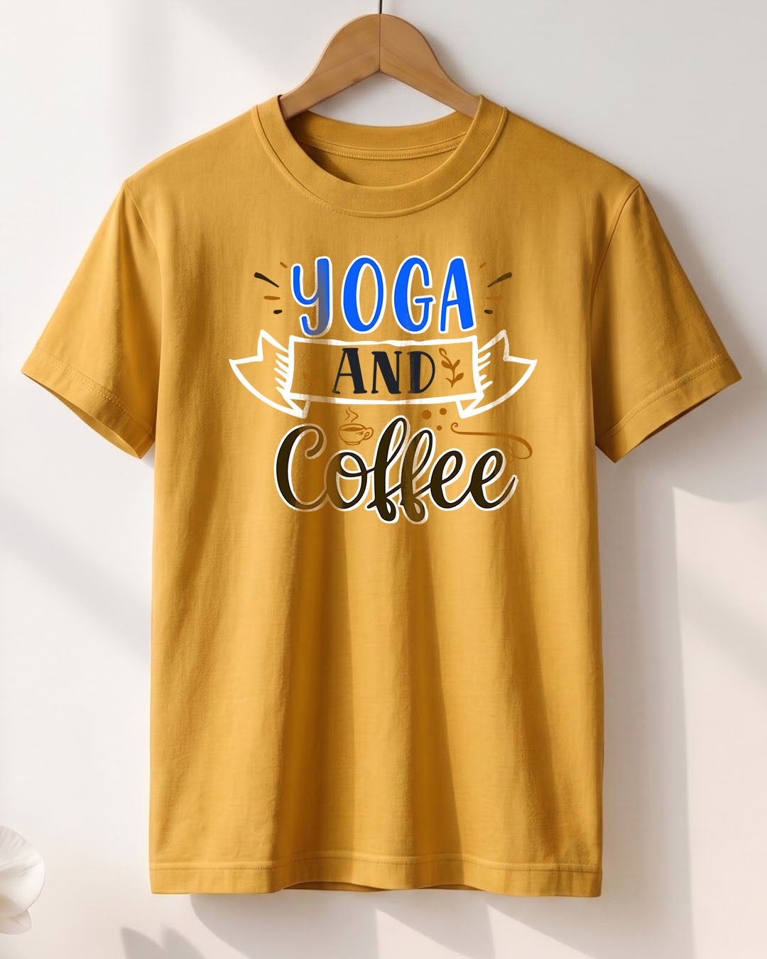 Yoga and Coffee Graphic- Mustard Yellow Round Neck Yoga T-shirt