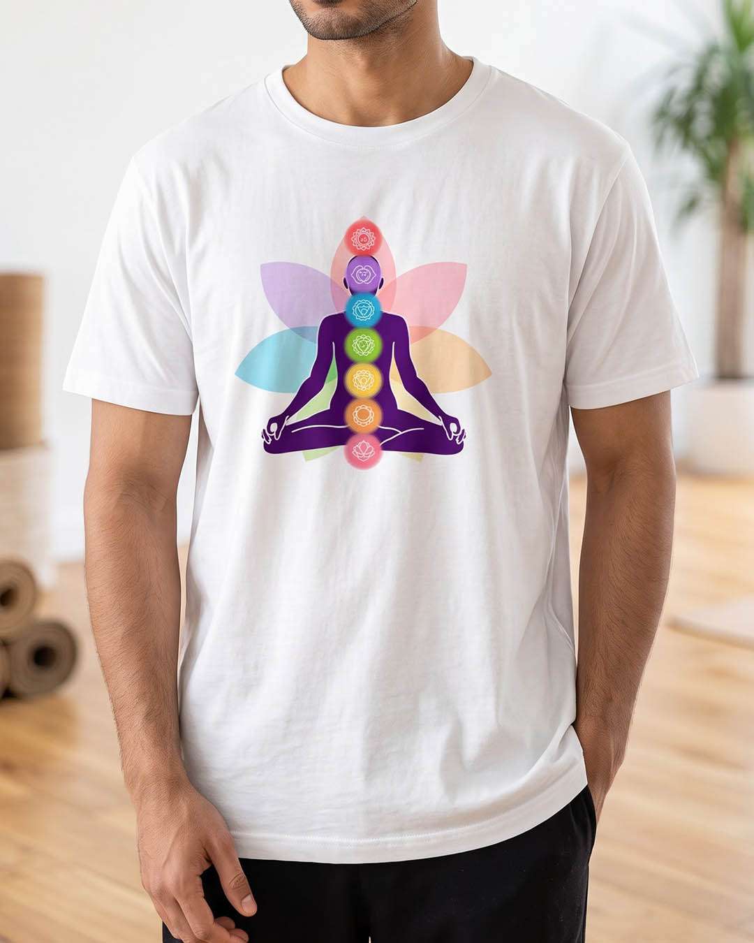 Yoga Chakras- White Round Neck Yoga T-shirt