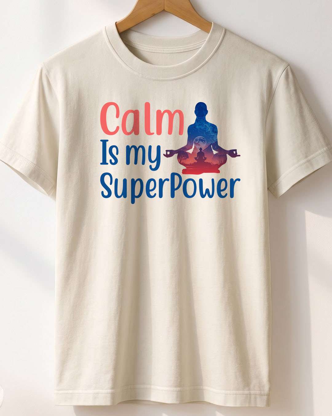Calm Superpower- White Round Neck Yoga T-shirt