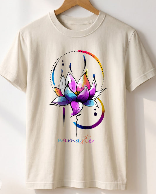 Yoga Flower Graphic- White Round Neck Yoga T-shirt