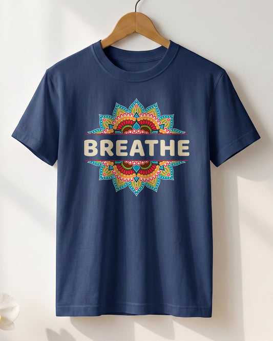 Breathe- Navy Blue Round Neck Yoga T-shirt