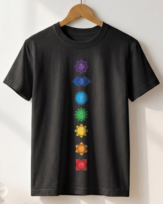 Yoga Chakras Vertical- Black Round Neck Yoga T-shirt