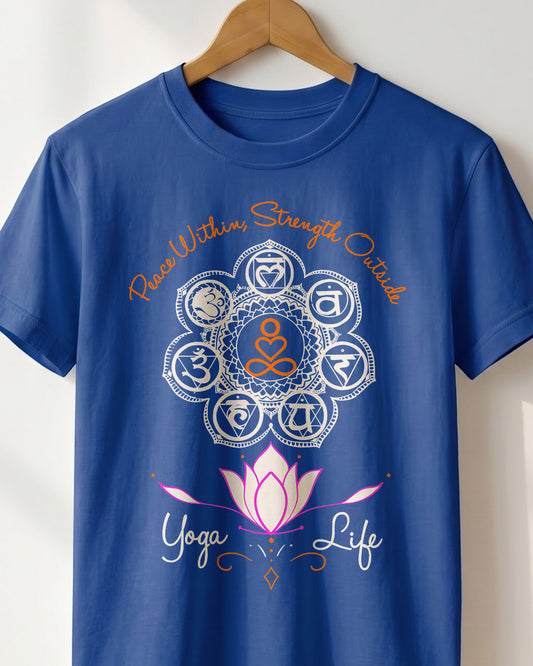 Peace Within, Strength Outside- Royal Blue Round Neck Yoga T-shirt