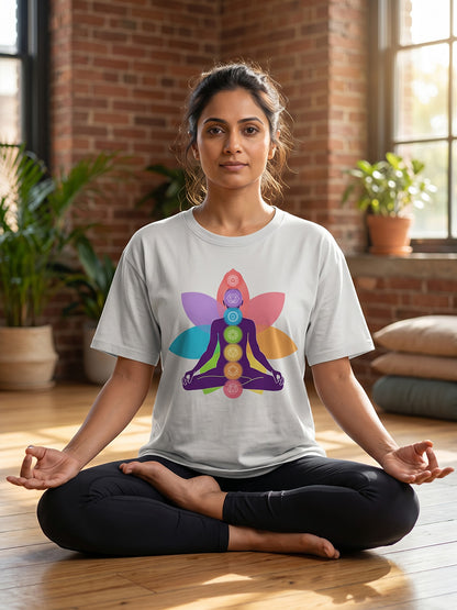 Yoga Chakras- White Round Neck Yoga T-shirt
