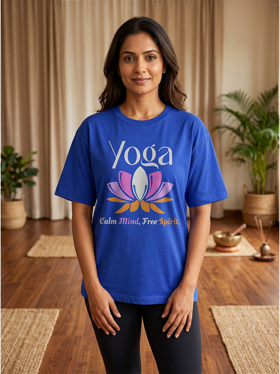 Calm Mind Free Spirit- Royal Blue Round Neck Yoga T-shirt