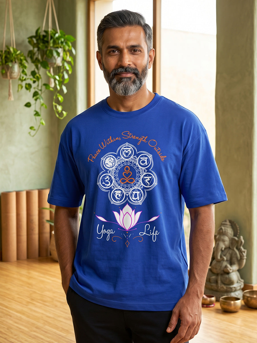 Peace Within, Strength Outside- Royal Blue Round Neck Yoga T-shirt