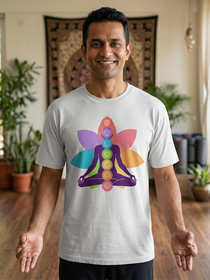 Yoga Chakras- White Round Neck Yoga T-shirt