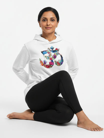 Om Symbol Flowers- White Yoga Hoodie