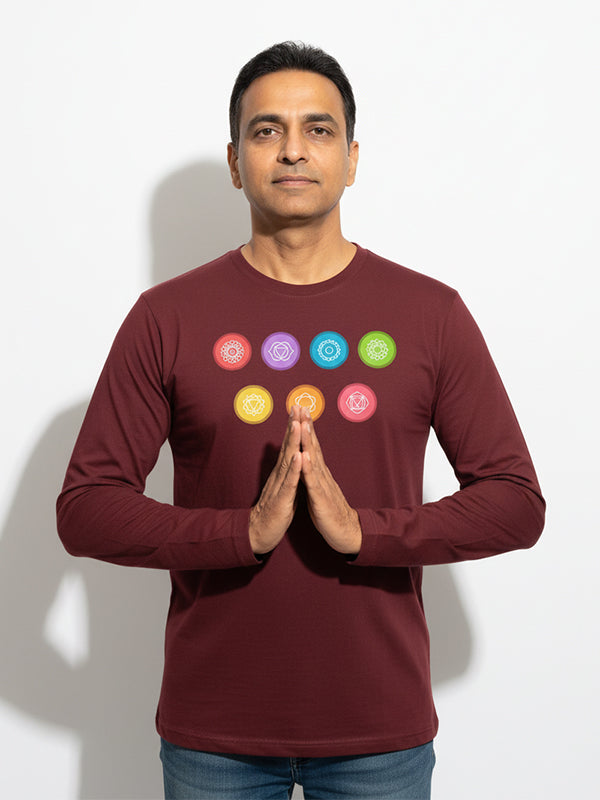 Yoga Chakras- Maroon Round Neck, Full Sleeves Unisex Yoga T-shirt