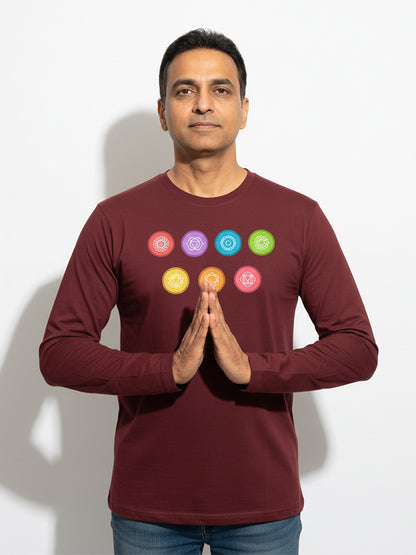 Yoga Chakras- Maroon Round Neck, Full Sleeves Unisex Yoga T-shirt