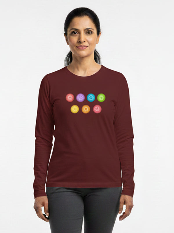 Yoga Chakras- Maroon Round Neck, Full Sleeves Unisex Yoga T-shirt