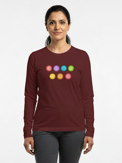 Yoga Chakras- Maroon Round Neck, Full Sleeves Unisex Yoga T-shirt