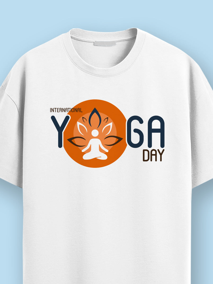 Yoga Day Printed - White Yoga Round Neck T-shirt