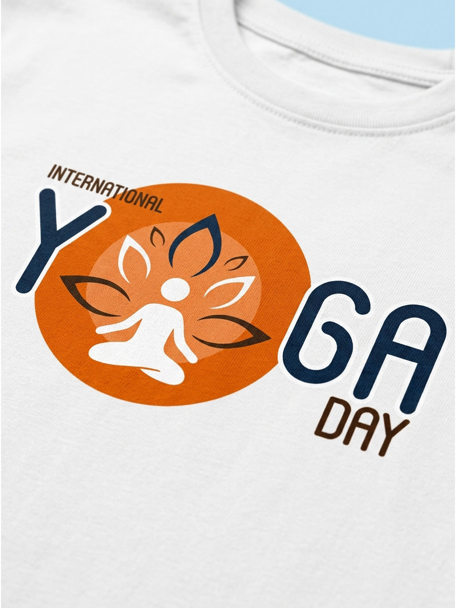 Yoga Day Printed - White Yoga Round Neck T-shirt