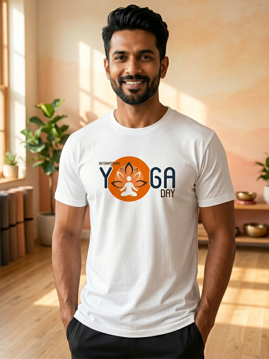 Yoga Day Printed - White Yoga Round Neck T-shirt