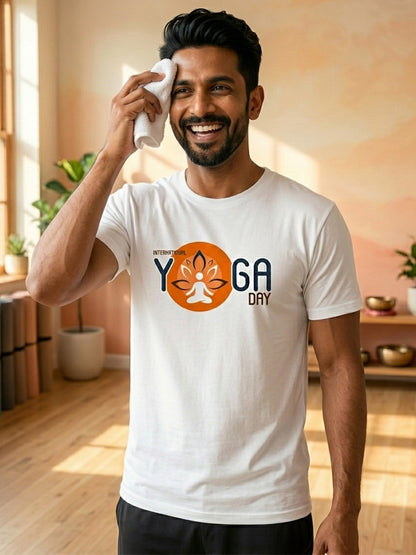 Yoga Day Printed - White Yoga Round Neck T-shirt