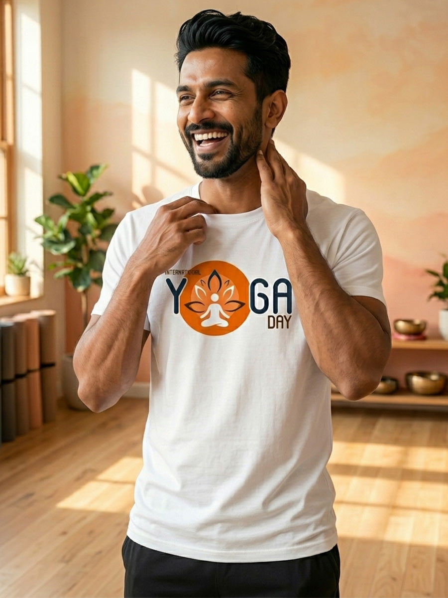 Yoga Day Printed - White Yoga Round Neck T-shirt