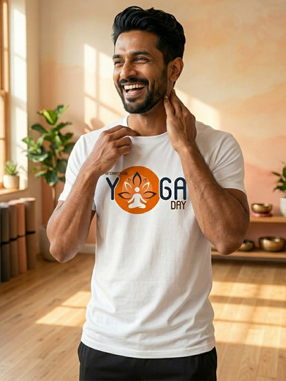 Yoga Day Printed - White Yoga Round Neck T-shirt