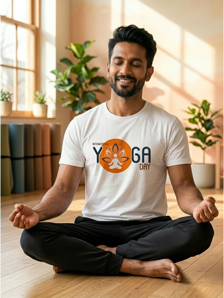 Yoga Day Printed - White Yoga Round Neck T-shirt