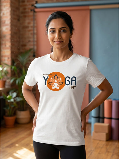 Yoga Day Printed - White Yoga Round Neck T-shirt