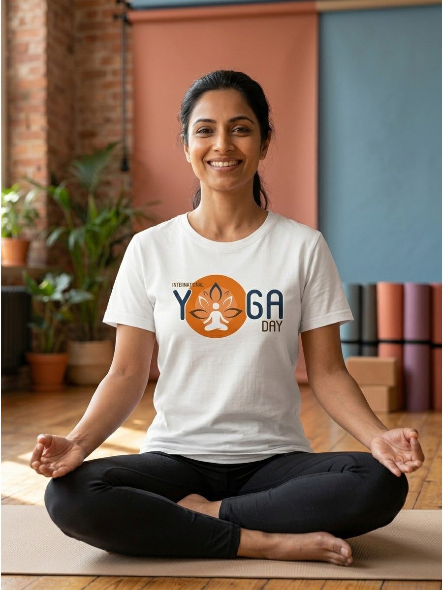 Yoga Day Printed - White Yoga Round Neck T-shirt