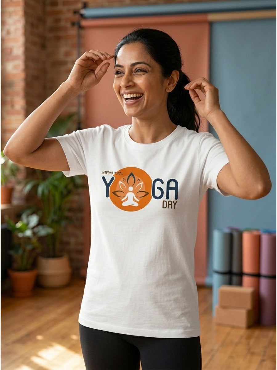 Yoga Day Printed - White Yoga Round Neck T-shirt