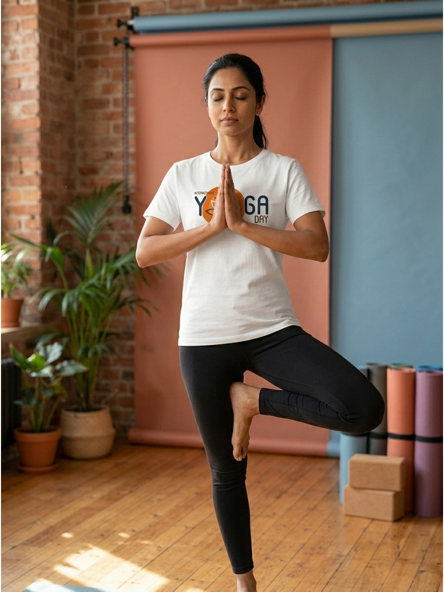 Yoga Day Printed - White Yoga Round Neck T-shirt