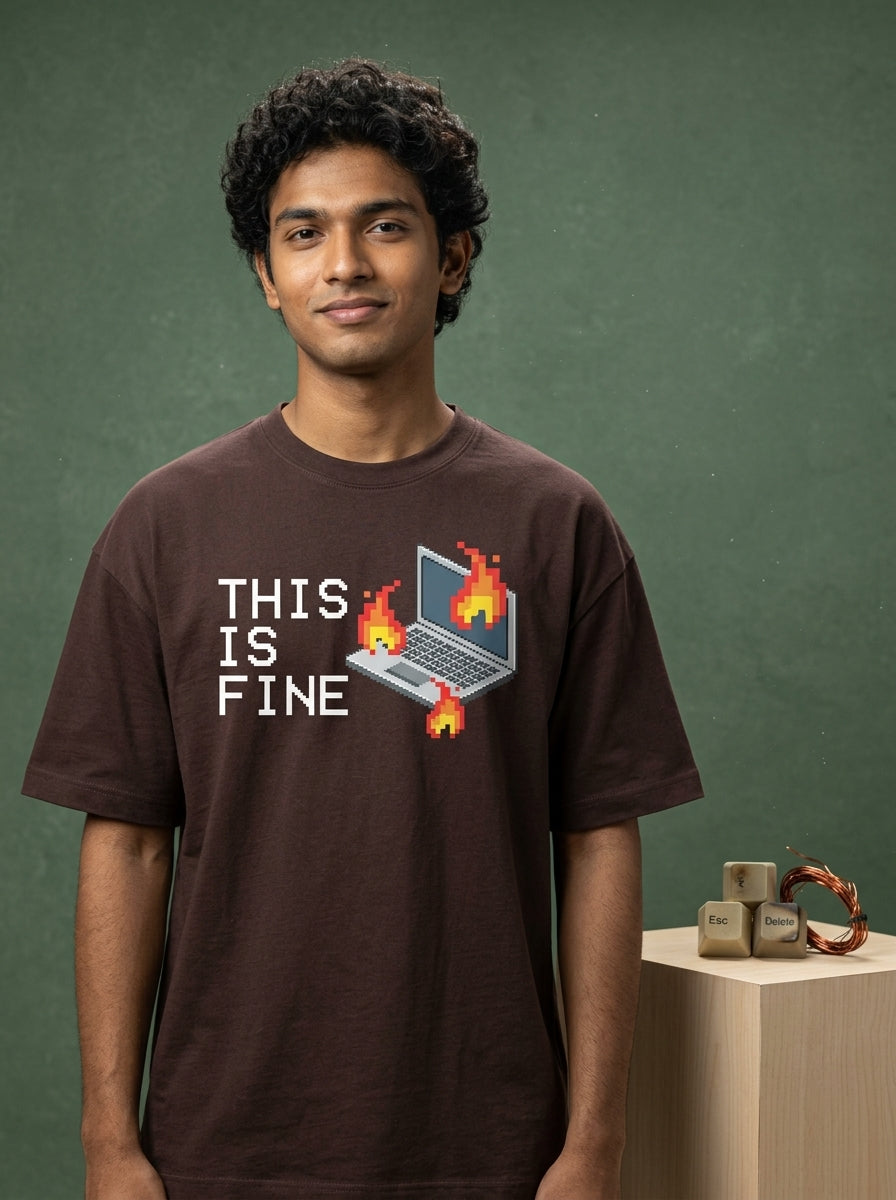 This is fine - Coffee Brown Coding Round Neck T-shirt