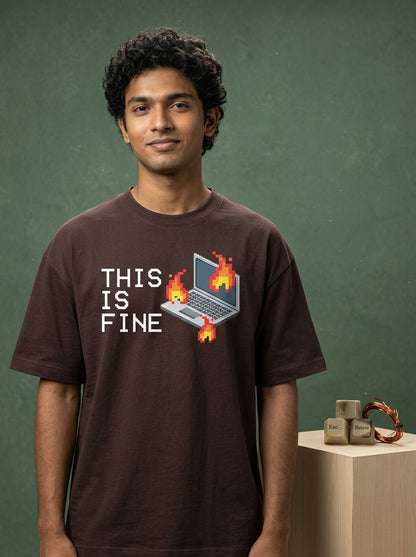 This is fine - Coffee Brown Coding Round Neck T-shirt