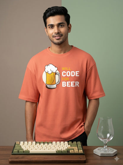 Will Code For Beer - Coral Coding Oversized Tshirt