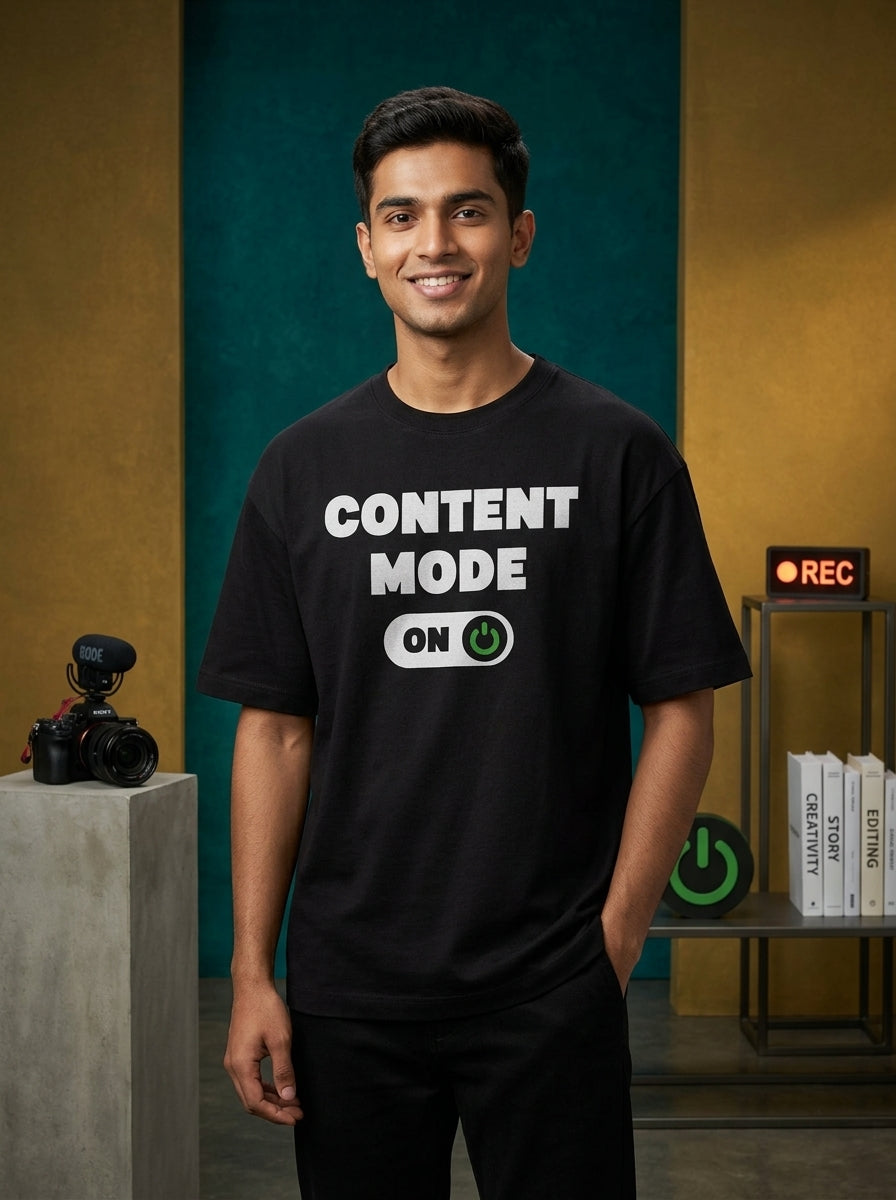 Content Mode On- Black Round Neck Writer T-shirt