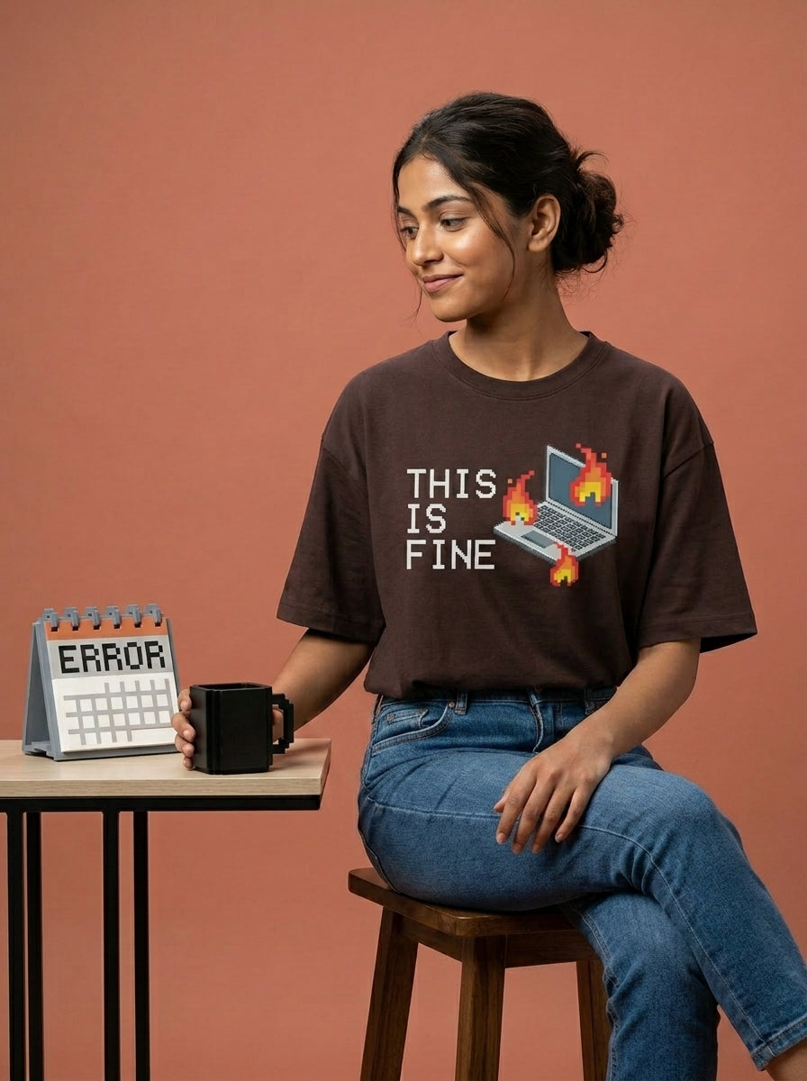 This is fine - Coffee Brown Coding Round Neck T-shirt