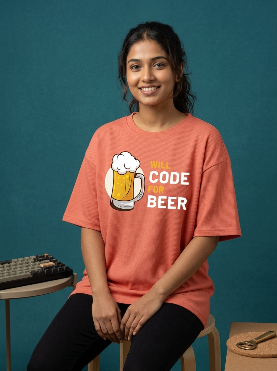 Will Code For Beer - Coral Coding Oversized Tshirt