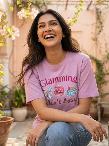 Glamming Ain't Easy- Light Pink Round Neck Unisex Makeup Artist T-shirt